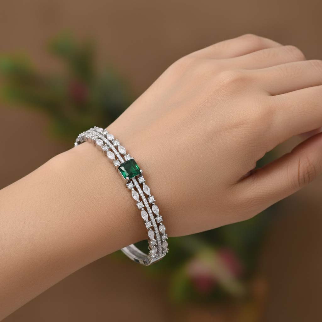 Green Color Designer Openable American Diamond Bracelet For Traditional And Modern Look
