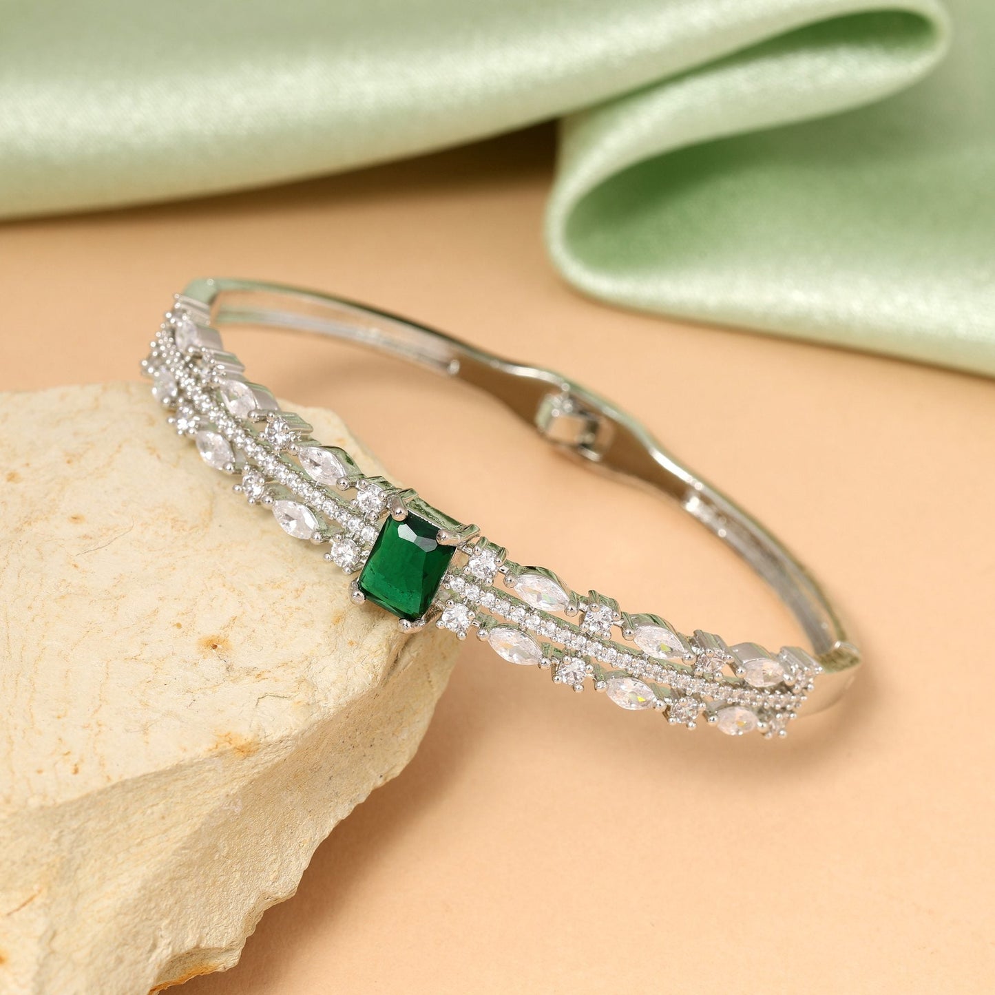 Green Color Designer Openable American Diamond Bracelet For Traditional And Modern Look