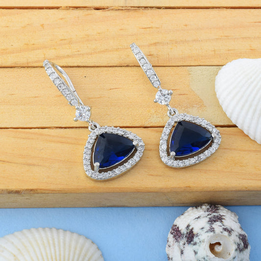 Blue Color American Diamond Earrings With Starburst Shimmering Stone Work