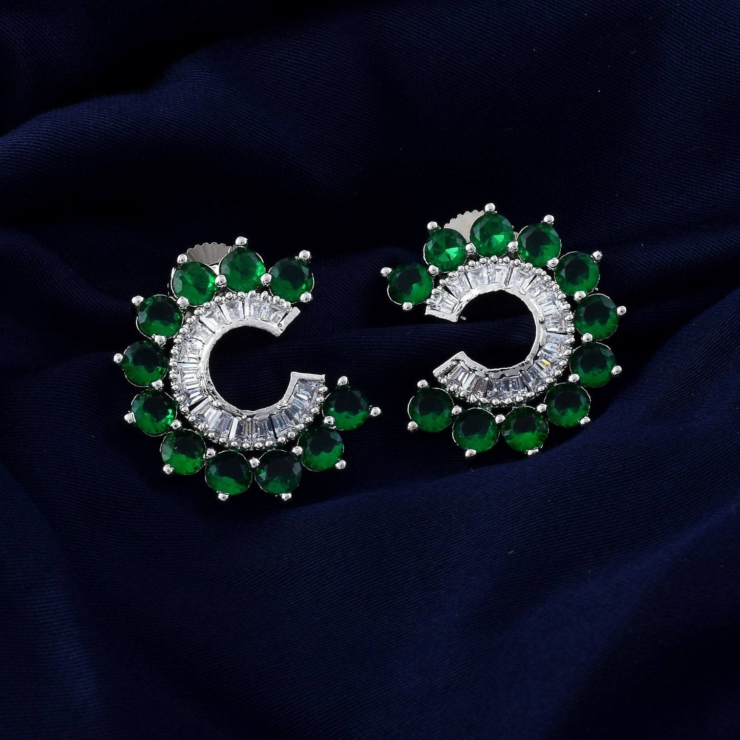 Green Color American Diamond Earrings In Traditional Festive Dangle Style