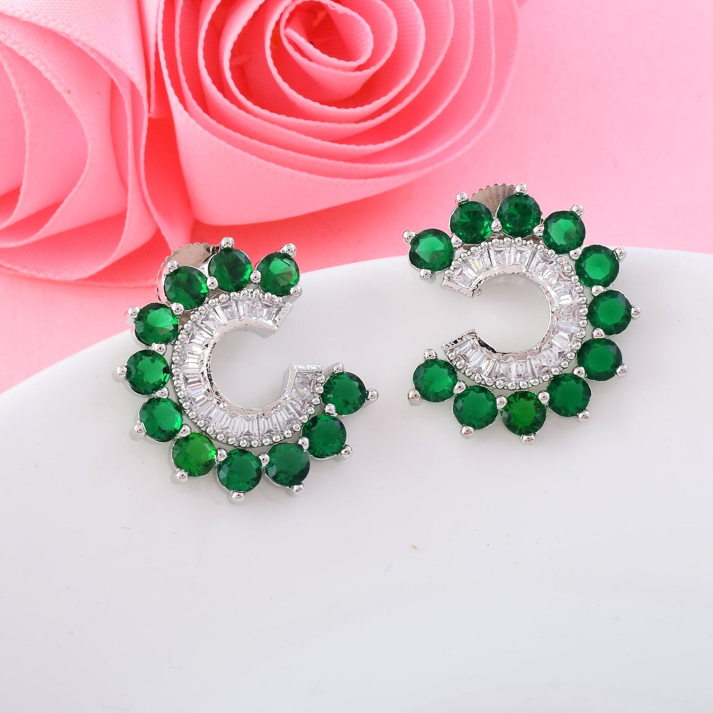 Green Color American Diamond Earrings In Traditional Festive Dangle Style