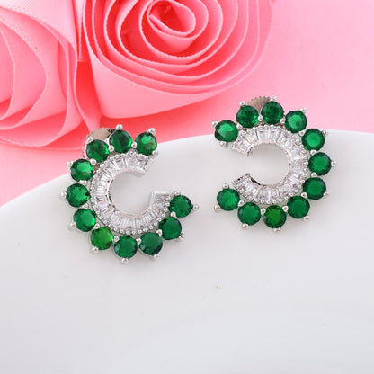 Green Color American Diamond Earrings In Traditional Festive Dangle Style