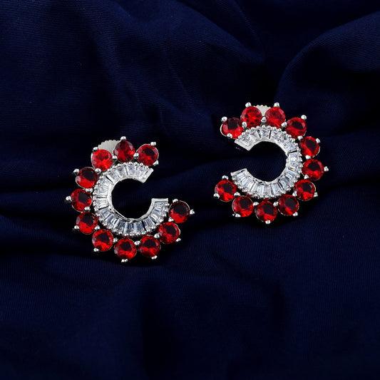 Red Color American Diamond Earrings In Royal Heart Pendant Inspired Design