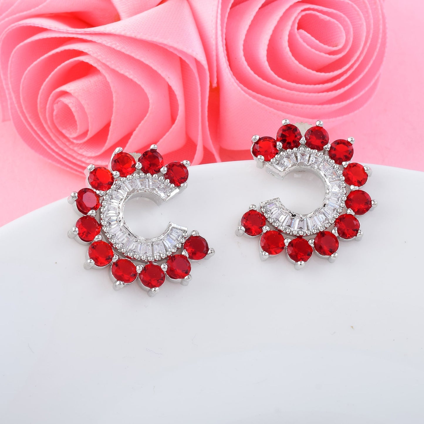 Red Color American Diamond Earrings In Royal Heart Pendant Inspired Design
