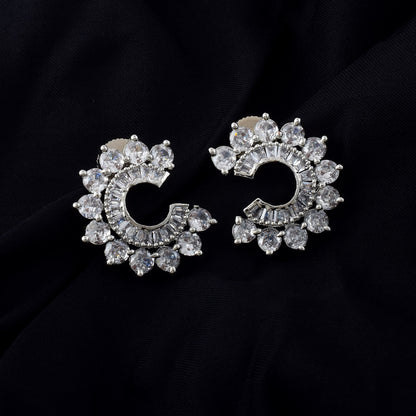 Silver Color American Diamond Earrings With Graceful Hanging Pearl Charms