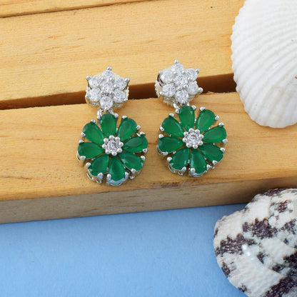 Green Color American Diamond Earrings For Casual And Festive Day Use