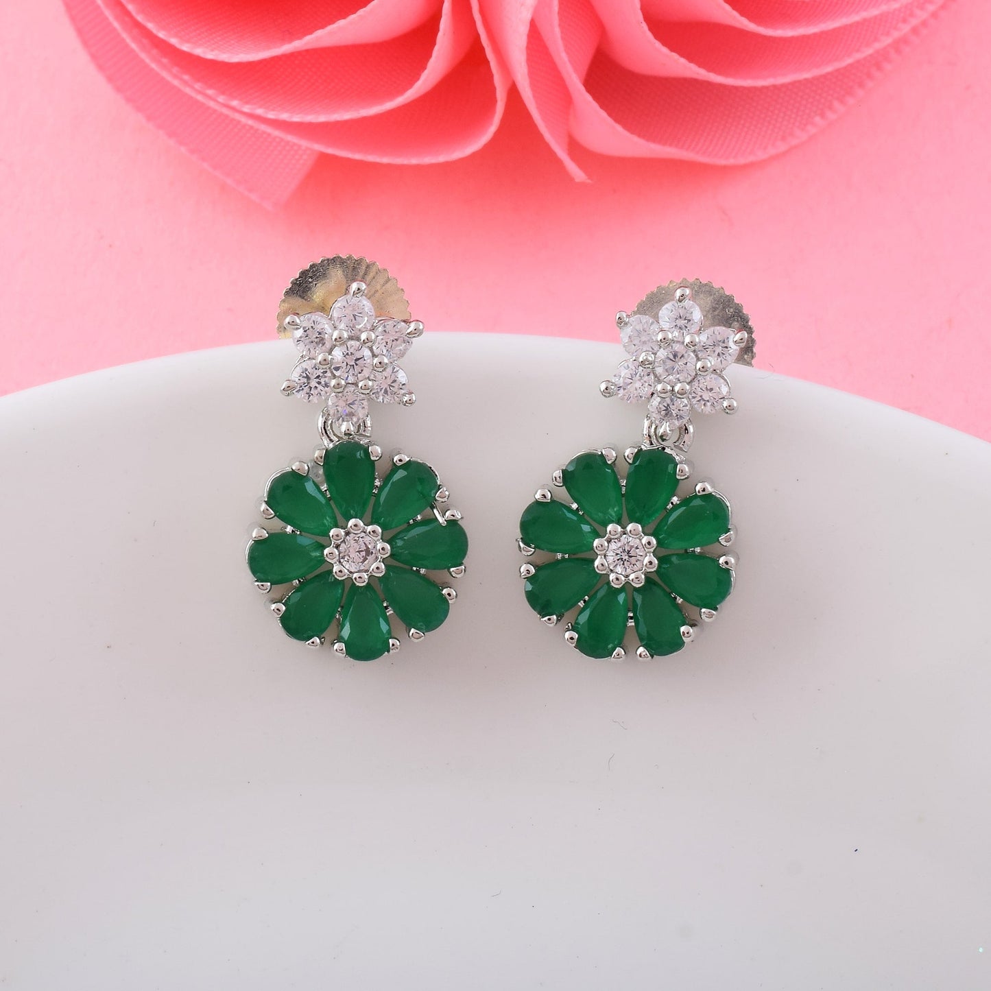 Green Color American Diamond Earrings For Casual And Festive Day Use