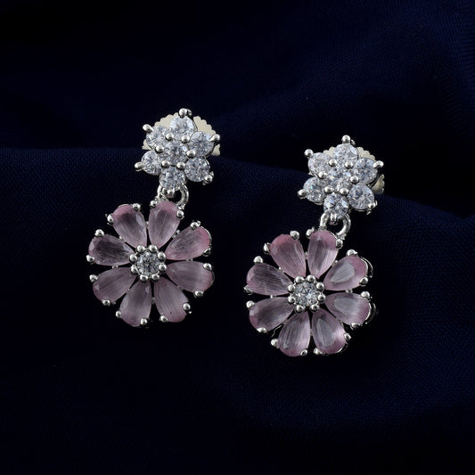 Pink Color American Diamond Earrings Featuring Dangling Petals And Crystal Finish