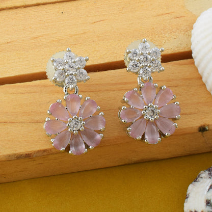 Pink Color American Diamond Earrings Featuring Dangling Petals And Crystal Finish