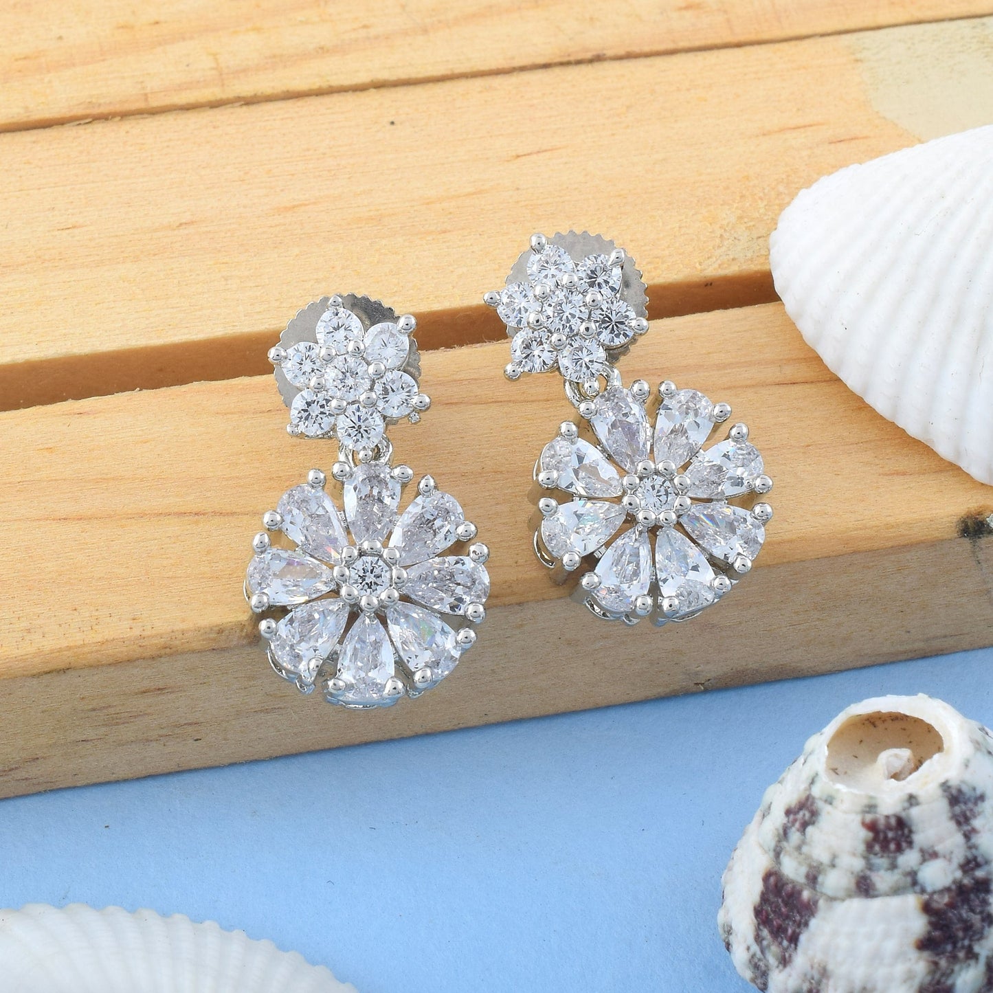 Silver Color American Diamond Earrings In Spiral Floral Studded Look