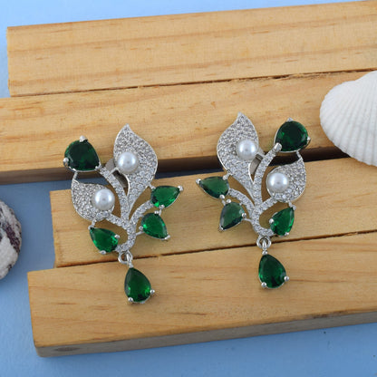 Green Color American Diamond Earrings With Intricate Meenakari Work Finish