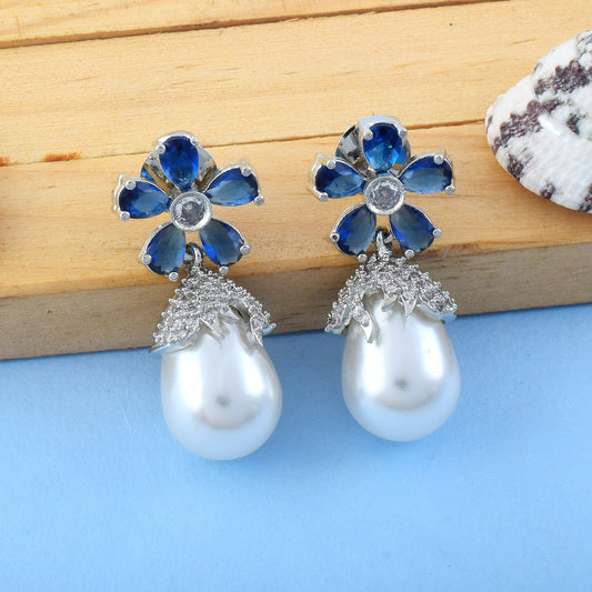 Blue Color American Diamond Earrings Featuring Multi-Stone Cluster Design