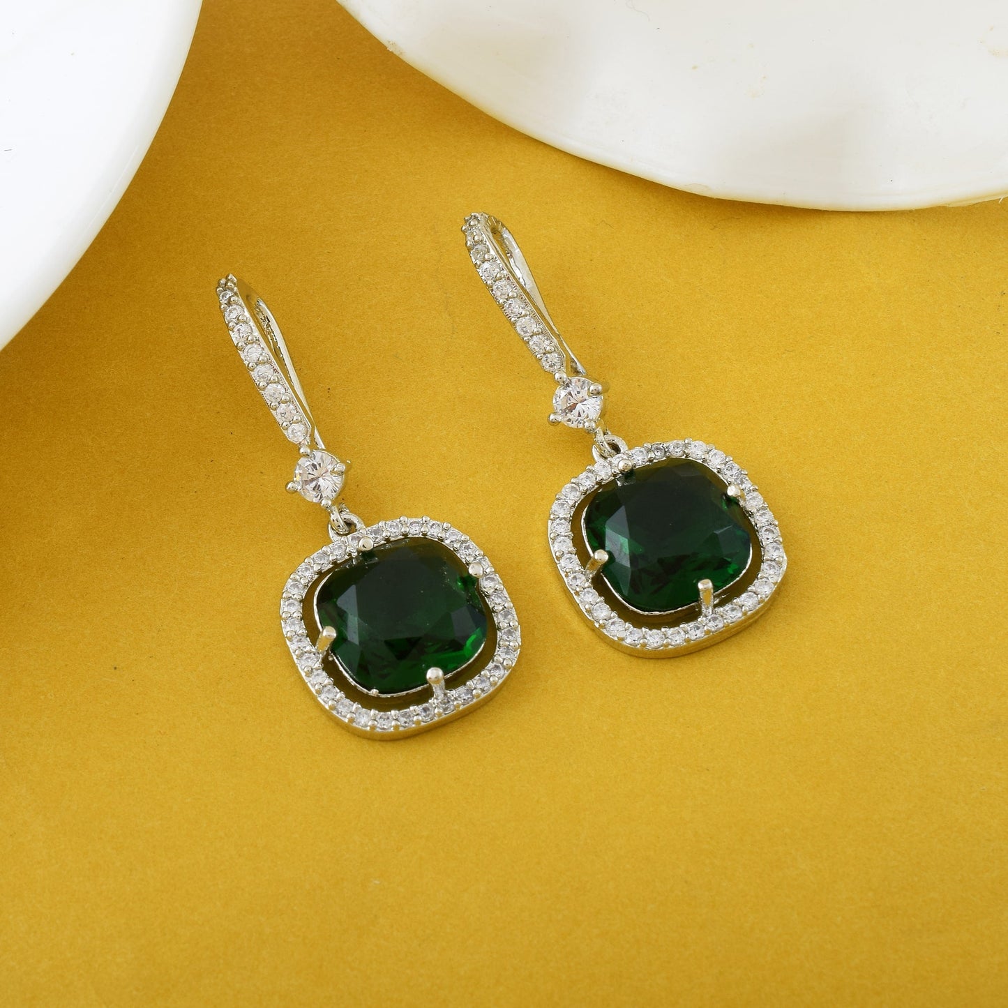 Green Color American Diamond Earrings In Long Layered Dangler Style