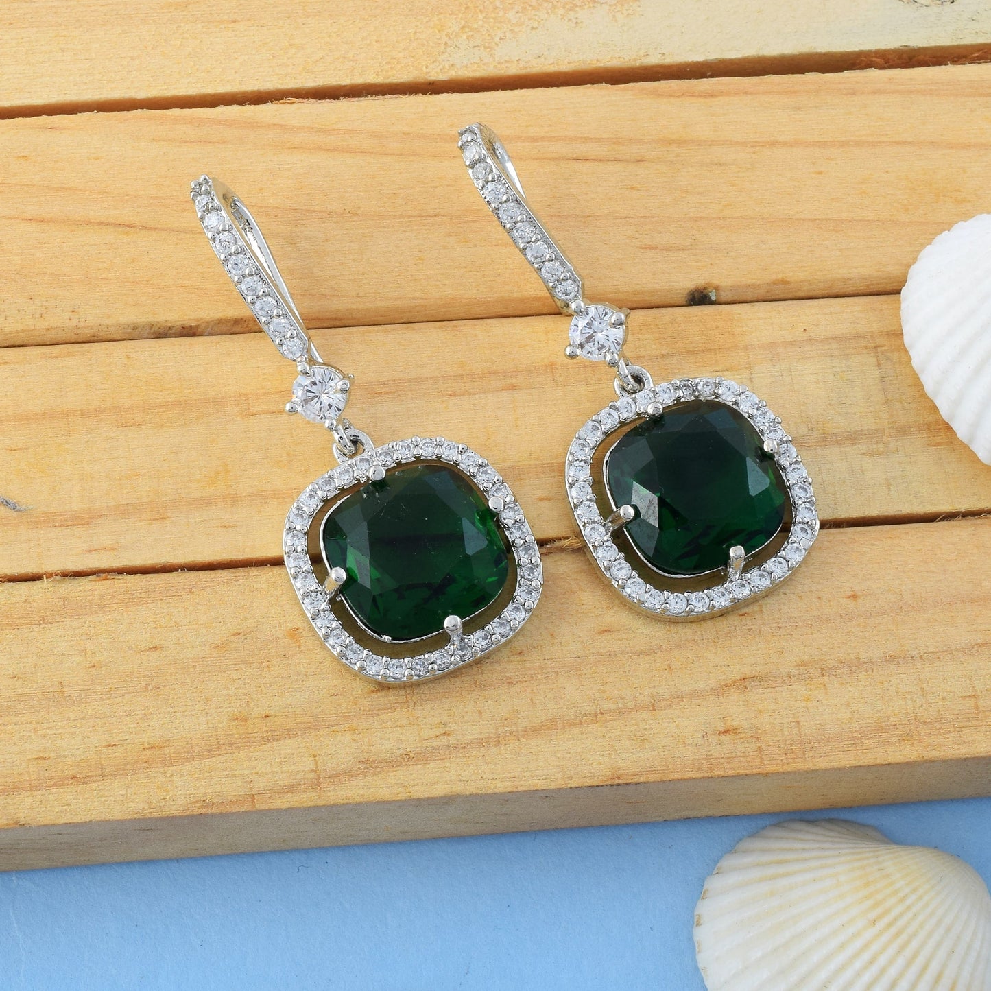Green Color American Diamond Earrings In Long Layered Dangler Style