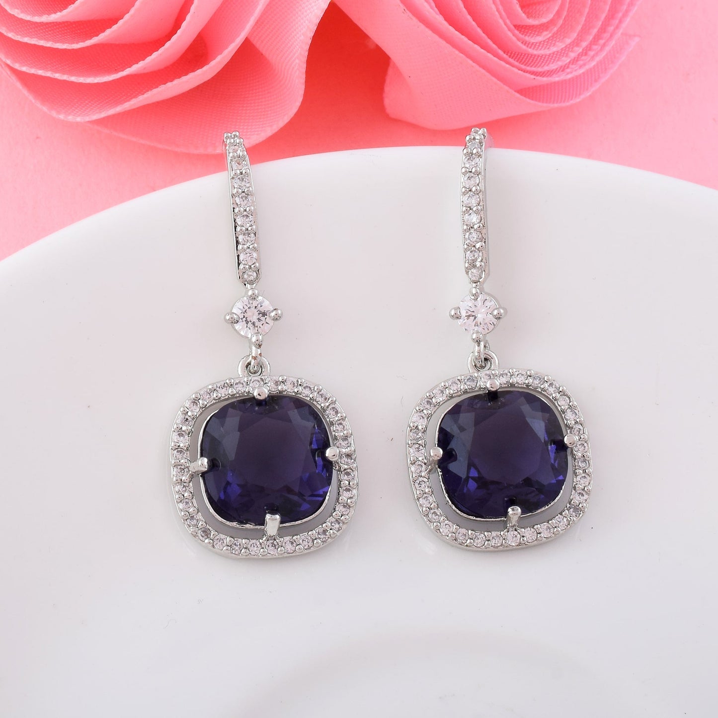Purple Color American Diamond Earrings With Shiny Teardrop Sparkling Design