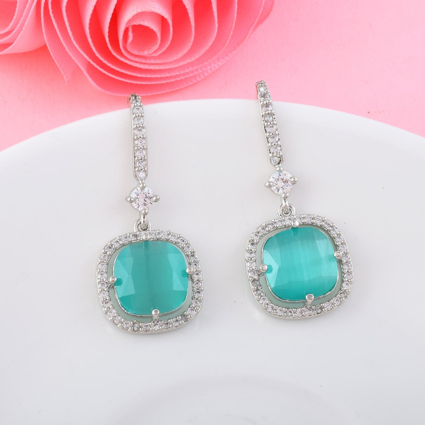 Rama Green Color American Diamond Earrings With Artistic Spiral Crystal Design