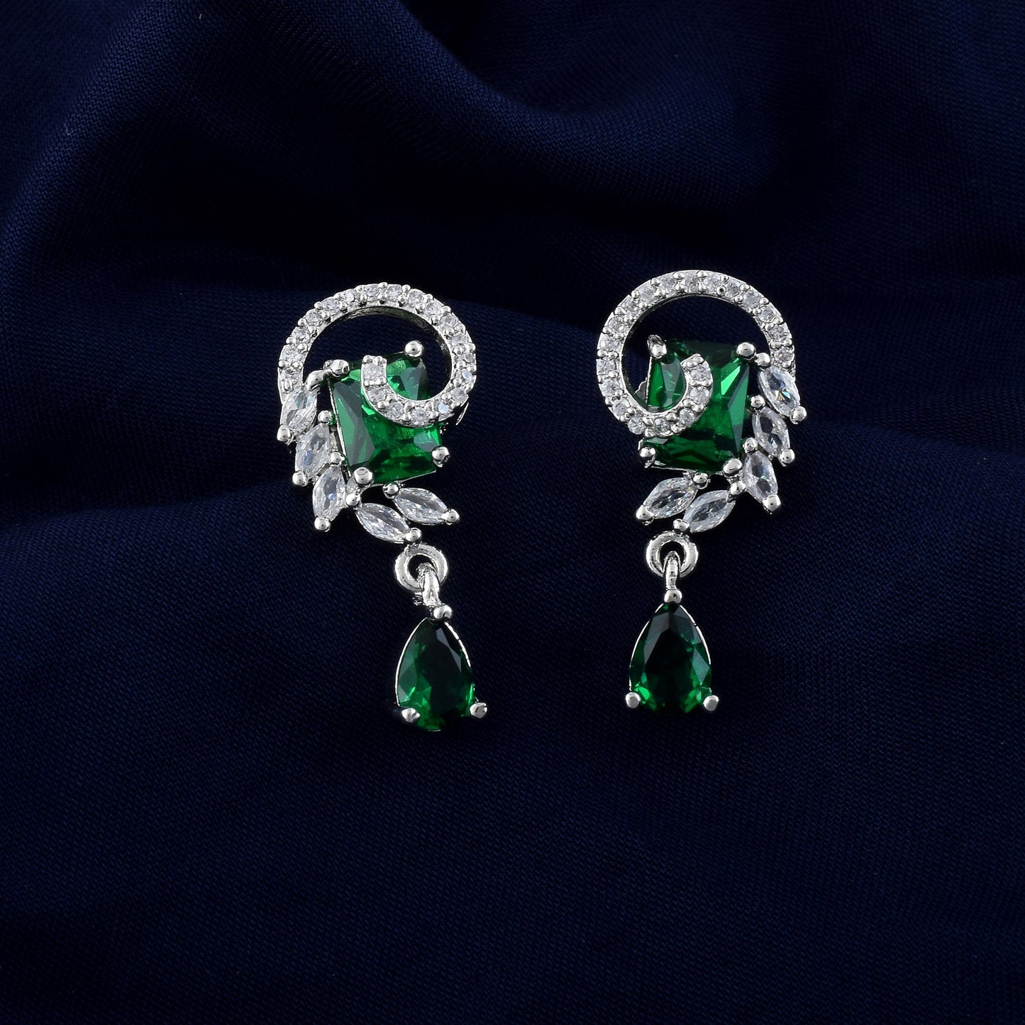 Green Color American Diamond Earrings With Antique Motif And Gem Finish