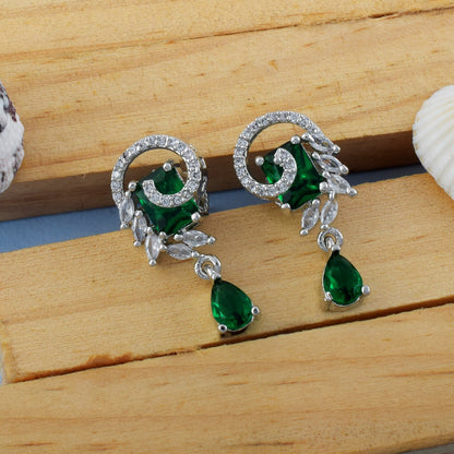 Green Color American Diamond Earrings With Antique Motif And Gem Finish