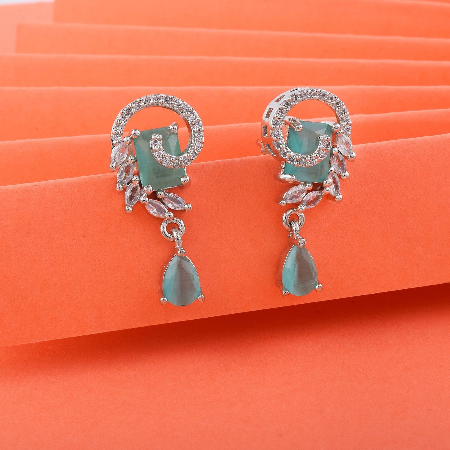 Rama Green Color American Diamond Earrings With Twinkle Round Dangling Gem Look