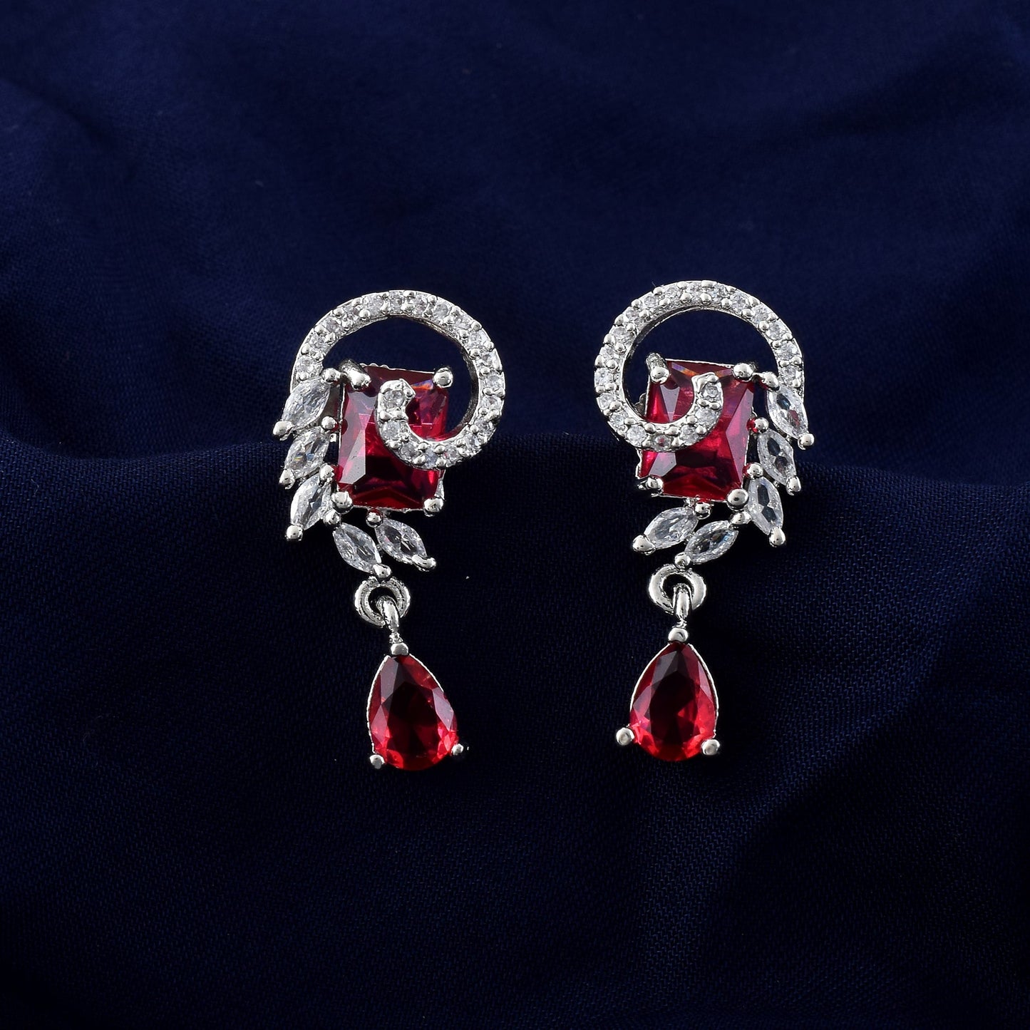 Ruby Color American Diamond Earrings In Traditional Jhumka Drop Style
