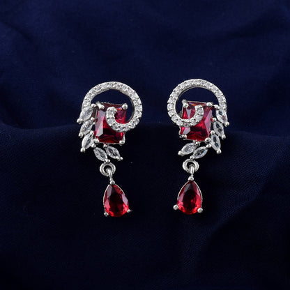 Ruby Color American Diamond Earrings In Traditional Jhumka Drop Style
