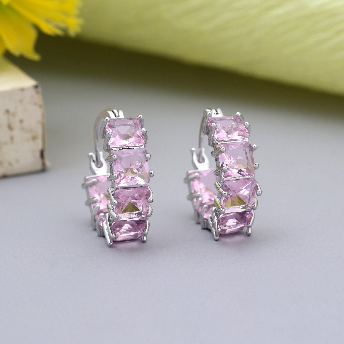 Pink Color Sparkling Party Wear American Diamond Earrings For Women And Brides