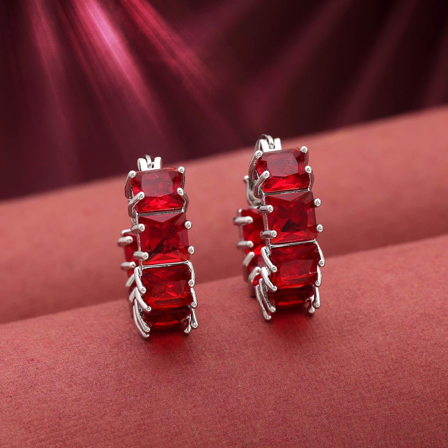 Red Color Gorgeous Stone Studded American Diamond Earrings For Party And Events