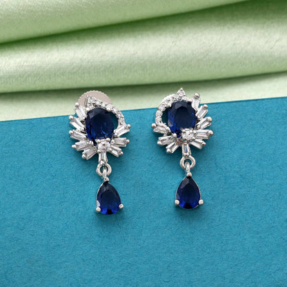 Blue Color Classic Round Cut American Diamond Earrings For Ethnic And Modern Attire