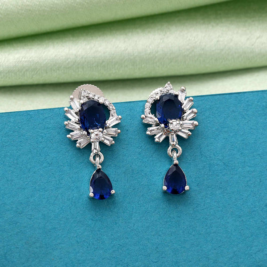 Blue Color Classic Round Cut American Diamond Earrings For Ethnic And Modern Attire