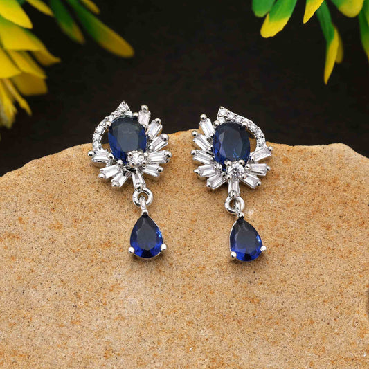Blue Color Classic Round Cut American Diamond Earrings For Ethnic And Modern Attire