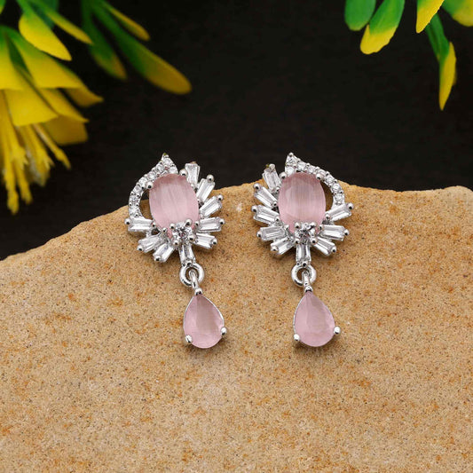 Pink Color Beautiful Designer American Diamond Earrings For Wedding And Festive Look