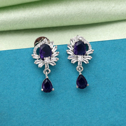 Purple Color Elegant Stone Work American Diamond Earrings For Evening And Festive Events