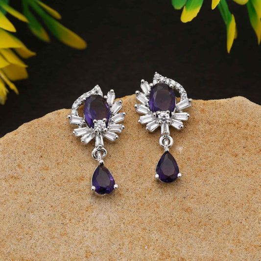 Purple Color Elegant Stone Work American Diamond Earrings For Evening And Festive Events