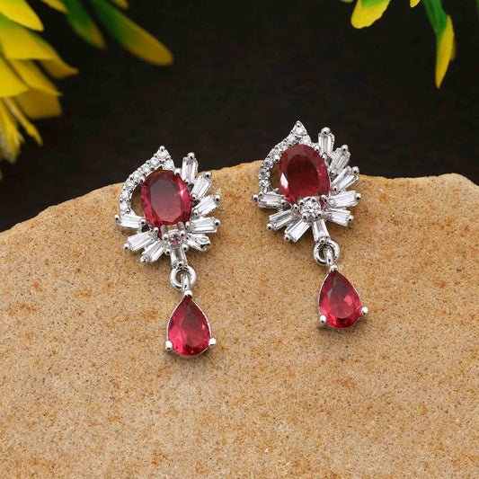 Ruby Color Radiant Designer American Diamond Earrings For Bridal And Party Collection
