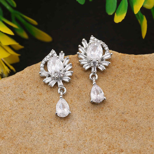 Silver Color Elegant Sparkling American Diamond Earrings For Women And Party Wear