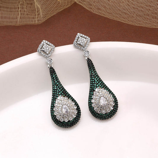 Green Color Sparkling Traditional American Diamond Earrings For Bridal And Ethnic Wear