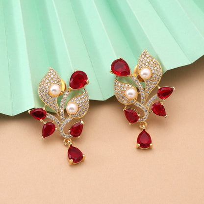 Red Color Bright Stone American Diamond Earrings For Brides And Traditional Occasions