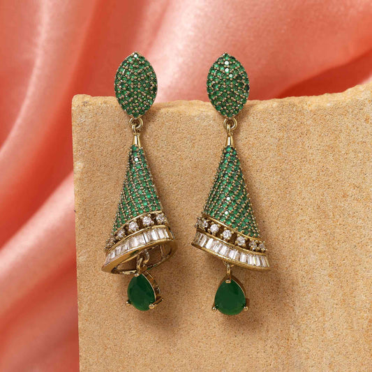 Green Color Unique Leaf Design American Diamond Earrings For Wedding And Party Looks