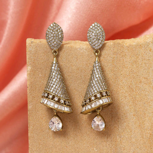 Mehendai Gold Color Unique Designer American Diamond Earrings For Festive And Party Look