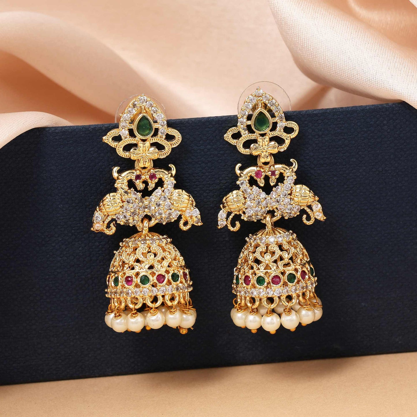 Maroon & Green Color Traditional American Diamond Earrings For Brides And Cultural Wear