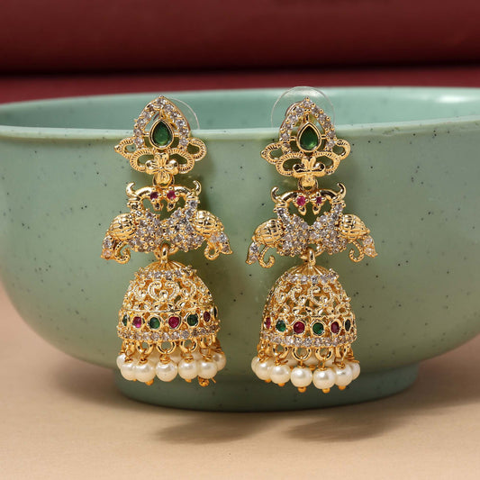 Maroon & Green Color Traditional American Diamond Earrings For Brides And Cultural Wear