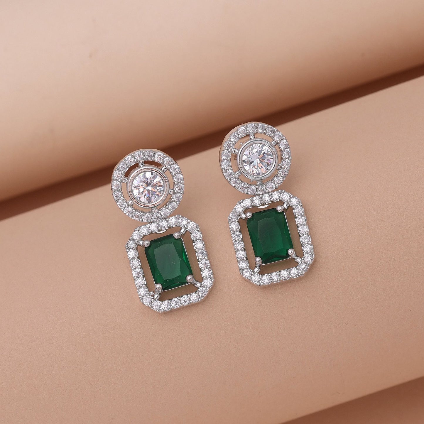 Green Color American Diamond Earrings with Premium Crystal Detailing