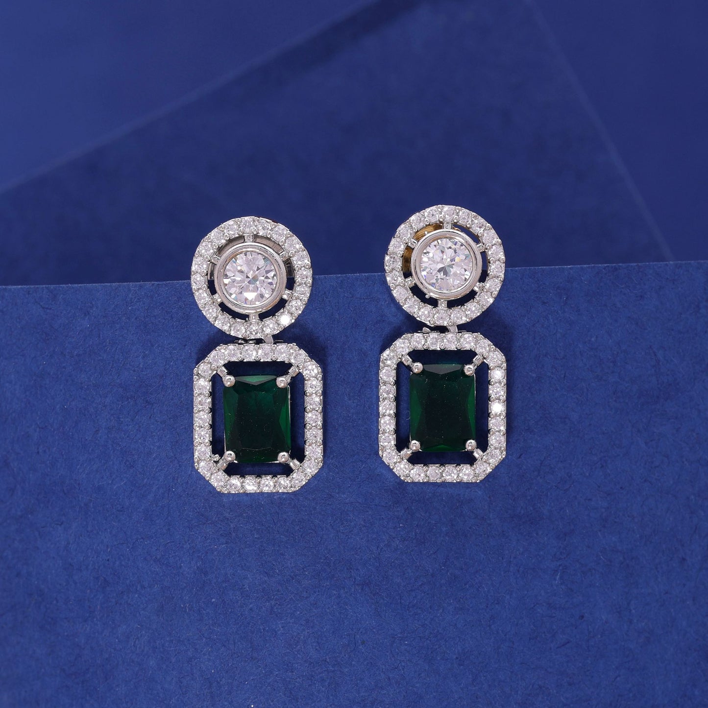 Green Color American Diamond Earrings with Premium Crystal Detailing