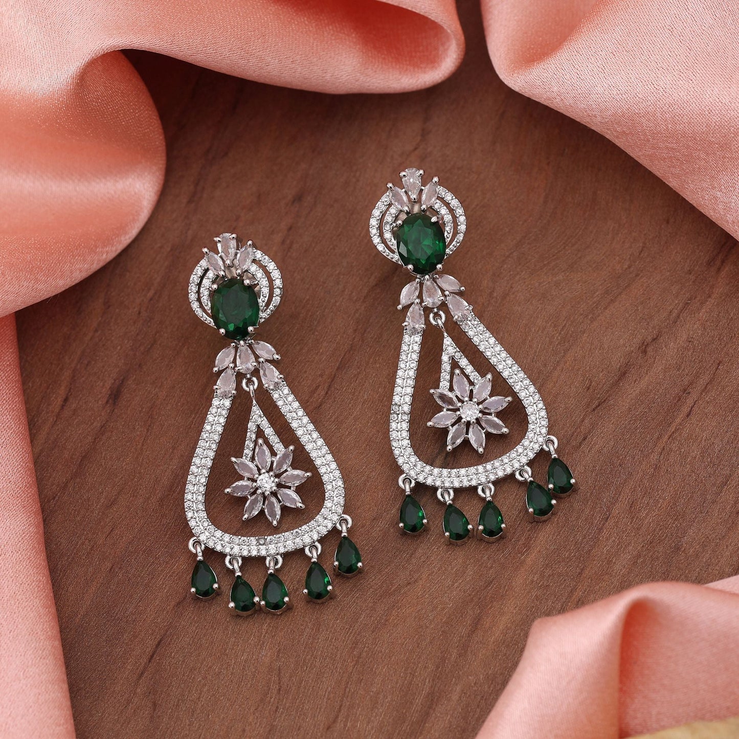 Green Color American Diamond Earrings Fashion Earrings With Festive Ethnic Charm