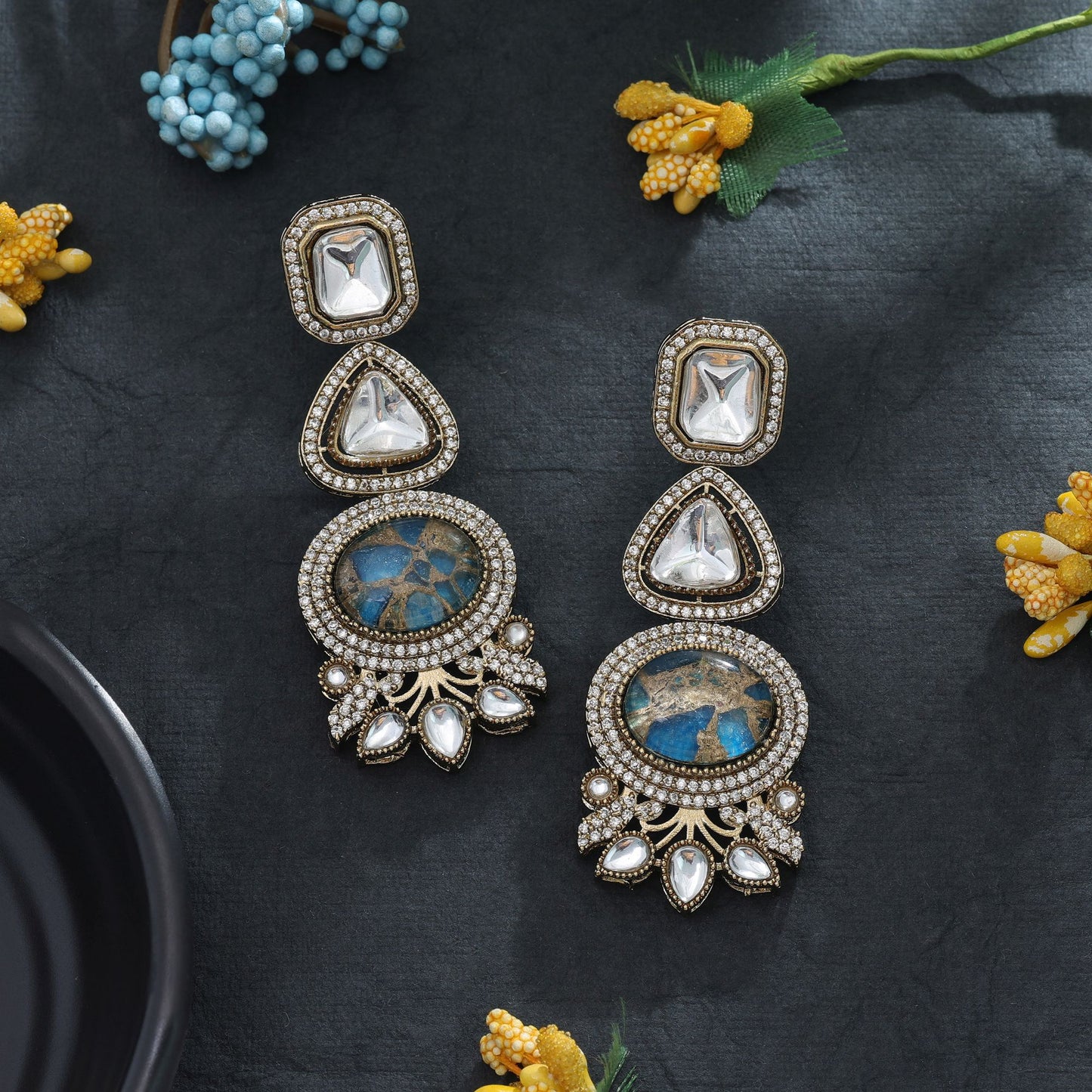 Firozi Color American Diamond Earrings Unique Ethnic Statement Jewelry Design