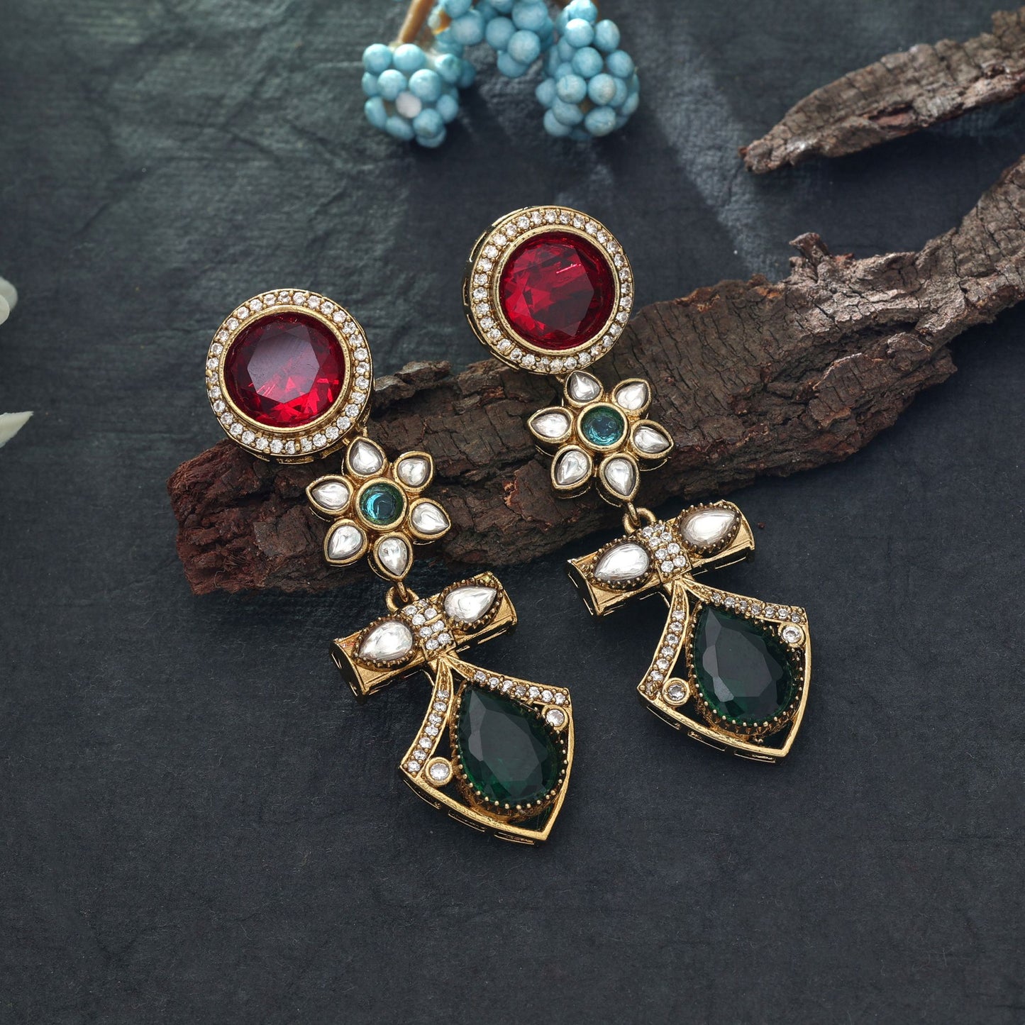 Red & Green Color American Diamond Earrings Festive Traditional Jewelry Collection