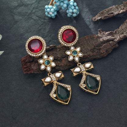Red & Green Color American Diamond Earrings Festive Traditional Jewelry Collection