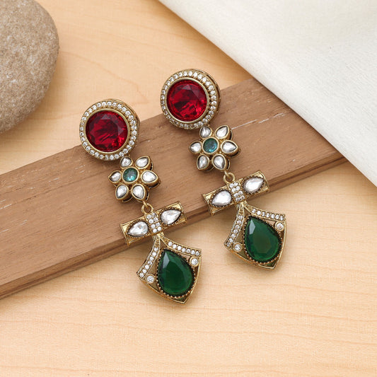 Red & Green Color American Diamond Earrings Festive Traditional Jewelry Collection