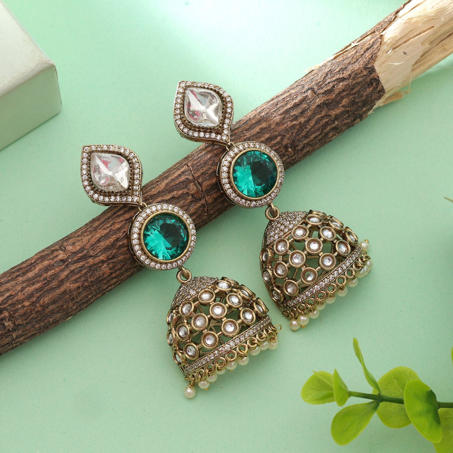 Green Color American Diamond Earrings Traditional Ethnic Party Wear Jewelry Design