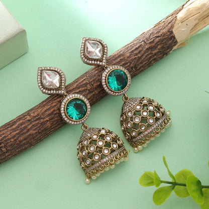Green Color American Diamond Earrings Traditional Ethnic Party Wear Jewelry Design